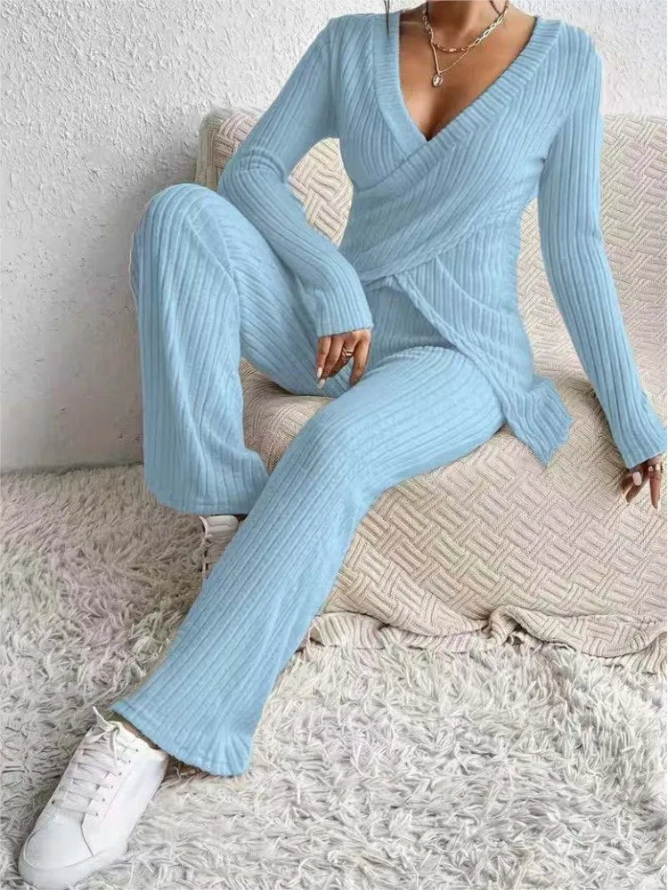 Women's Casual Solid Sets Outfits Fashion Long Sleeve V Neck Slim Tops+High Waist Pants 2 Pieces Set For Woman Autumn Winter New