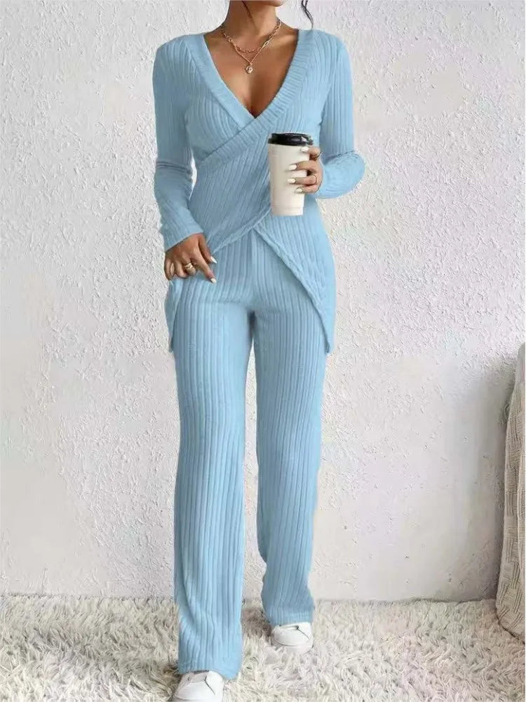 Women's Casual Solid Sets Outfits Fashion Long Sleeve V Neck Slim Tops+High Waist Pants 2 Pieces Set For Woman Autumn Winter New
