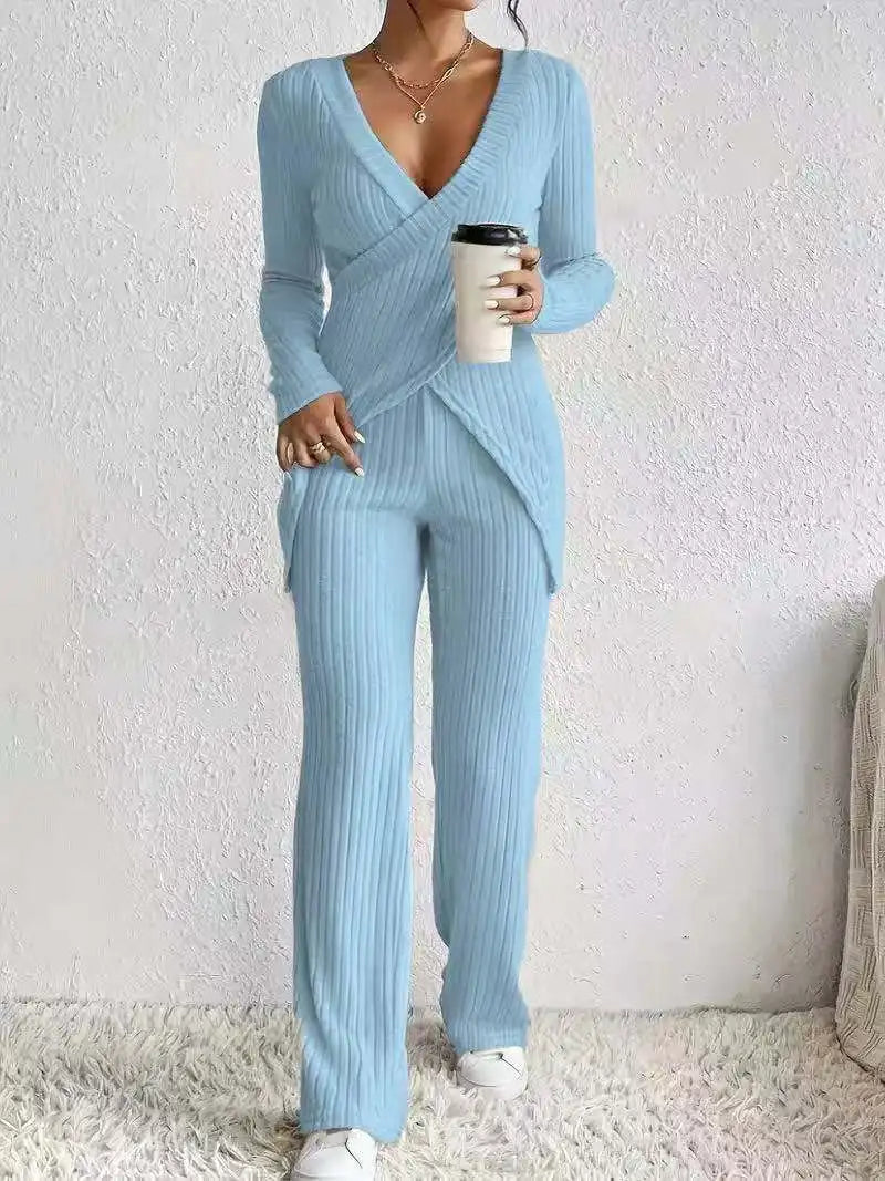 Women's Casual Solid Sets Outfits Fashion Long Sleeve V Neck Slim Tops+High Waist Pants 2 Pieces Set For Woman Autumn Winter New