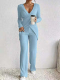 Women's Casual Solid Sets Outfits Fashion Long Sleeve V Neck Slim Tops+High Waist Pants 2 Pieces Set For Woman Autumn Winter New