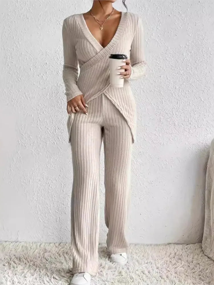 Women's Casual Solid Sets Outfits Fashion Long Sleeve V Neck Slim Tops+High Waist Pants 2 Pieces Set For Woman Autumn Winter New